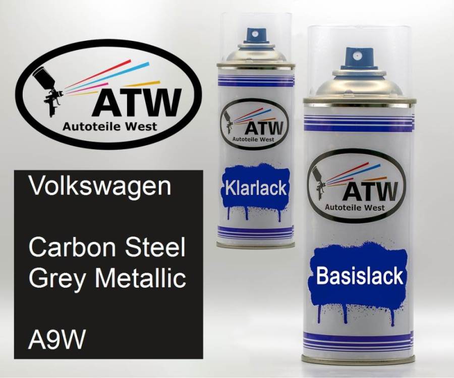 Volkswagen, Carbon Steel Grey Metallic, A9W: 400ml Sprühdose + 400ml Klarlack - Set, von ATW Autoteile West.